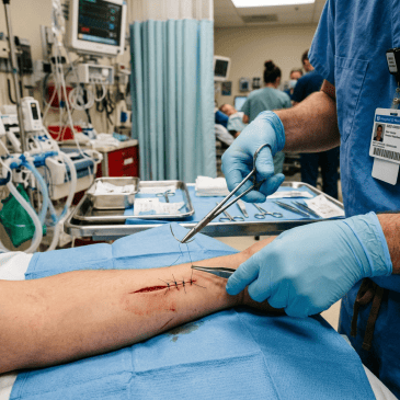 Close-up of a medical professional stitching a forearm wound with surgical tools